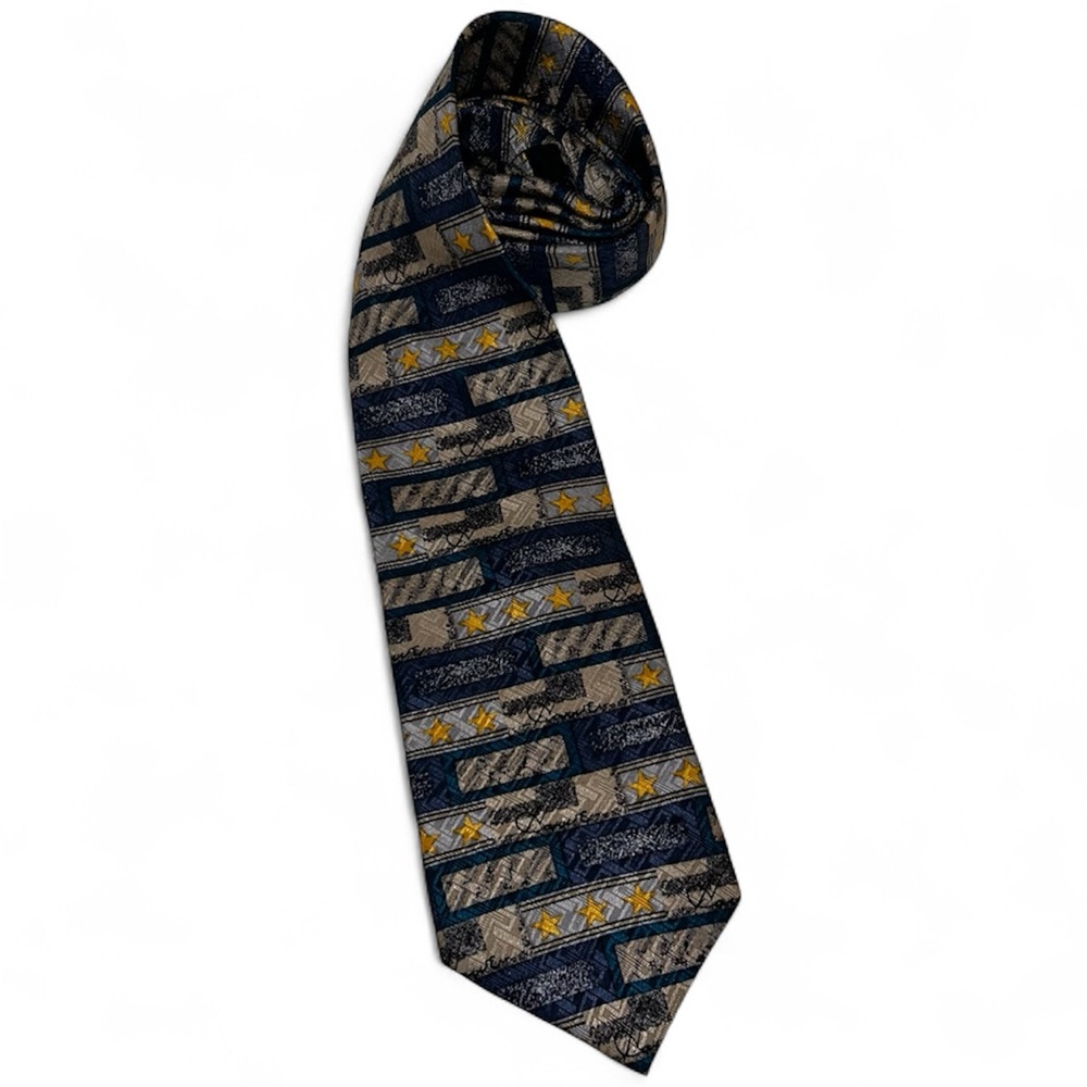 Vintage Gordie Howe Silk Tie - Blue Color Block Geometric & Stars